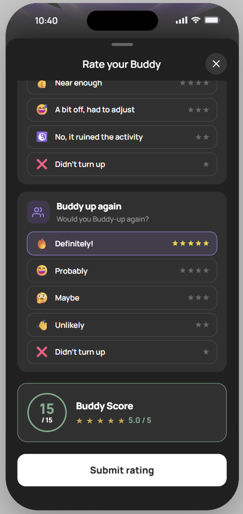 Buddy up again question and a combined Buddy Score of 15 out of 15, equivalent to 5.0 out of 5