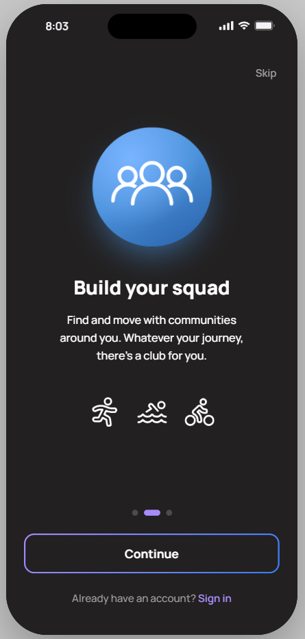 Be onboarding: build your squad, with outline running, swimming and cycling characters