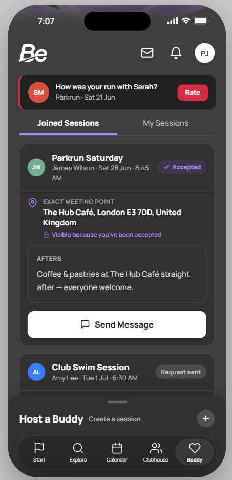 Be Buddy app preview showing nearby sessions, acceptance and a meeting point